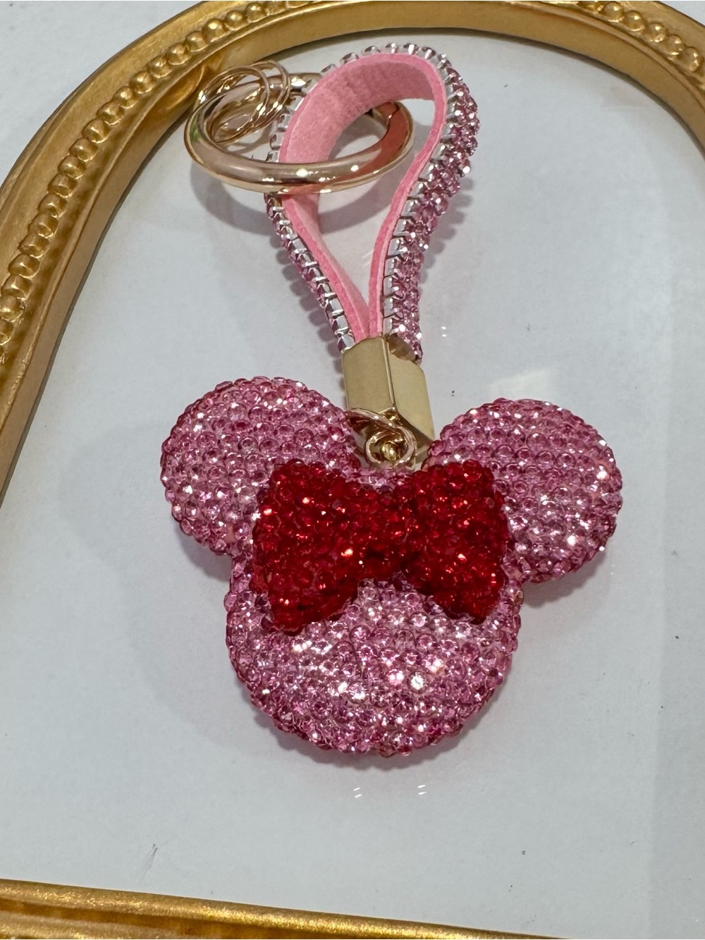 New Pink Bling Metal Minnie w/ Red Bow Keychain Bag Charm - Picture 2 of 5